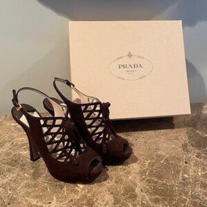 Prada Brown Suede PeepToe Slingback Heels – Sz 7.5